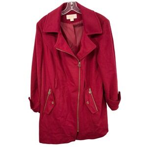Michael Kors Plus Size 0X Pea Coat Red Wool Zip Gold Fall Trench Academia E